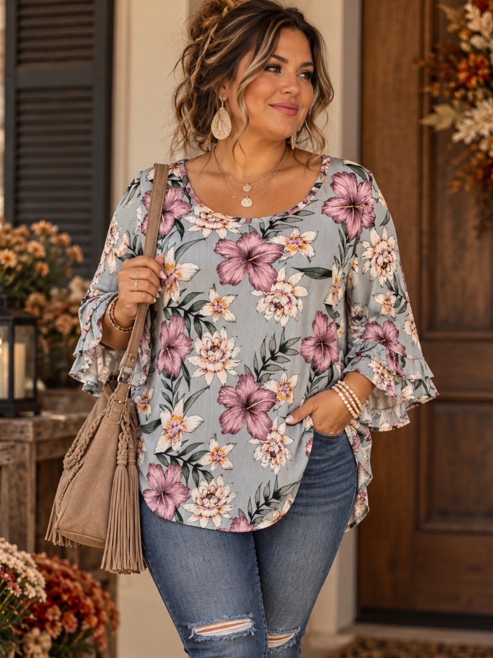 CURE Floral Tulip Sleeve Blouse EUC